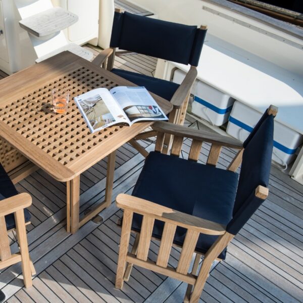 solid teak directors chair with navy cushion