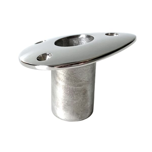 A stainless steel teardrop flagpole socket on a white background.