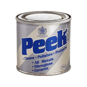 A can of peek polish with a grey, white and blue design.