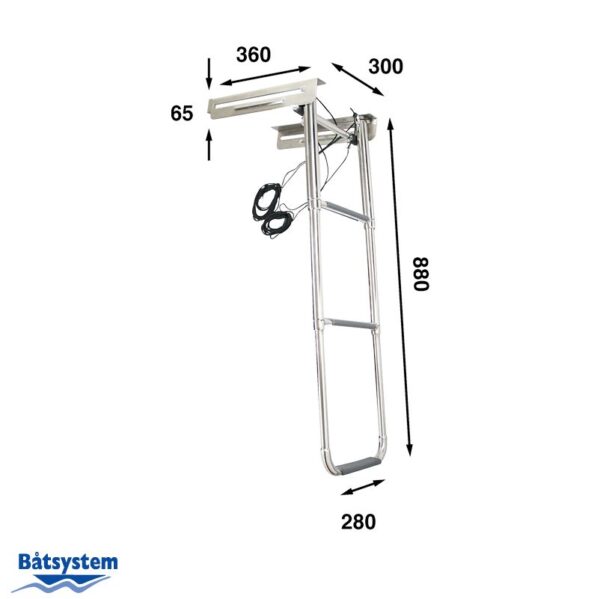 A rope controlled telescopic boat ladder with measurements.