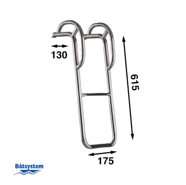 A stainless steel two step hook ladder for the back of a boat.