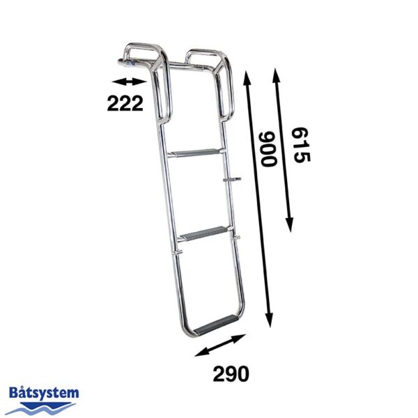 A stainless steel boat ladder with measurements.