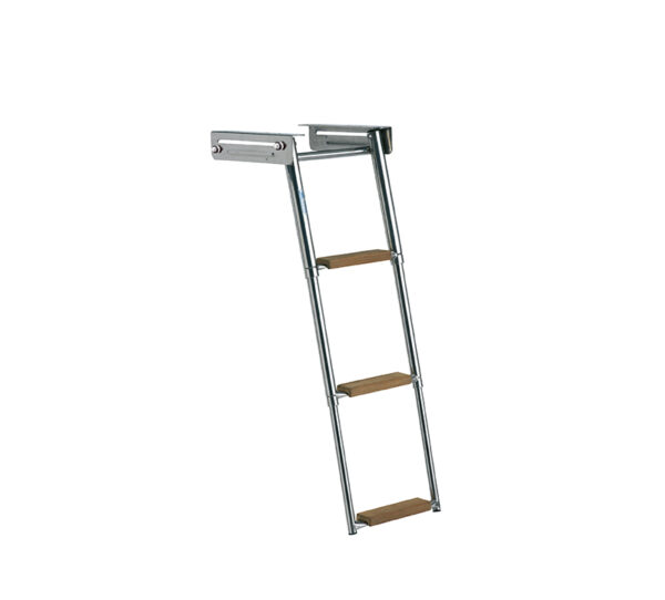 A three step boat ladder with wooden steps.