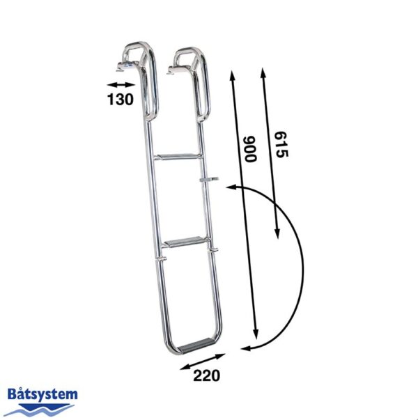 A stainless steel three step hood ladder for a boat with measurements.