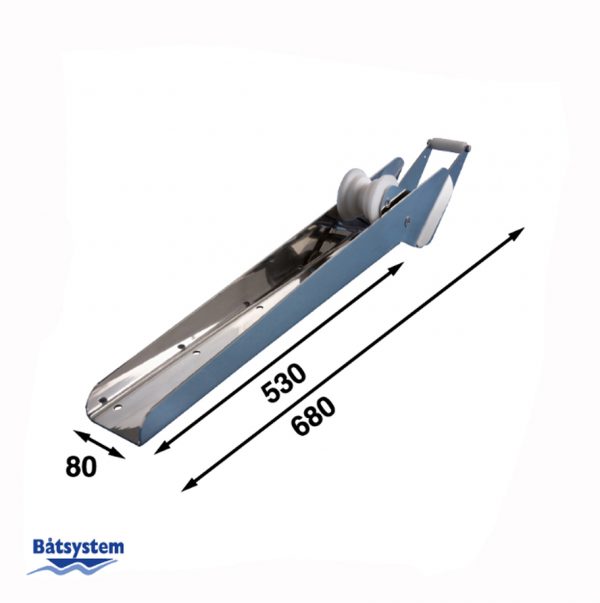 A marine rope pull system designed to be attached to a ship on a white background with measurements shown.