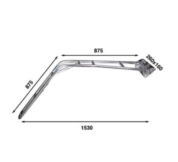 A stainless steel davit arm with measurements shown on each side.