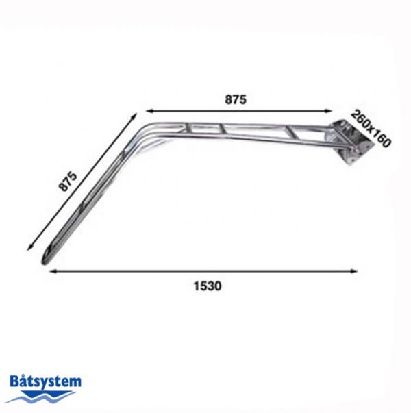 A davit arm that can be attached to a boat with measurements shown for each side.