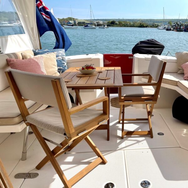 edge teak directors chairs with forza sand cushions