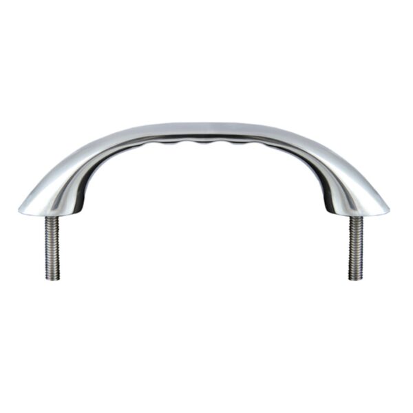 A stainless steel grab handle with finger grip grooves.